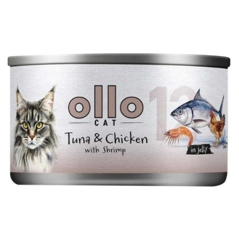 Ollo Cat Nr 12 – Mokra karma uzupełniająca dla kociąt i dorosłych kotów Tuńczyk z Kurczakiem i Krewetkami – puszka 70 g