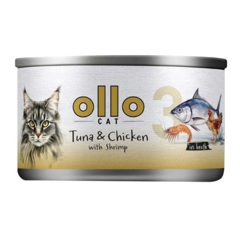 Ollo Cat Nr 3 – Mokra karma uzupełniająca dla kociąt i dorosłych kotów Tuńczyk i Kurczak z Krewetkami – puszka 70 g