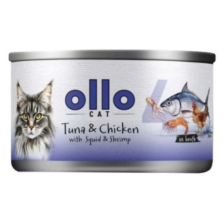 Ollo Cat Nr 4 – Mokra karma uzupełniająca dla kociąt i dorosłych kotów Tuńczyk Kurczak Kałamarnica Krewetki – puszka 70 g