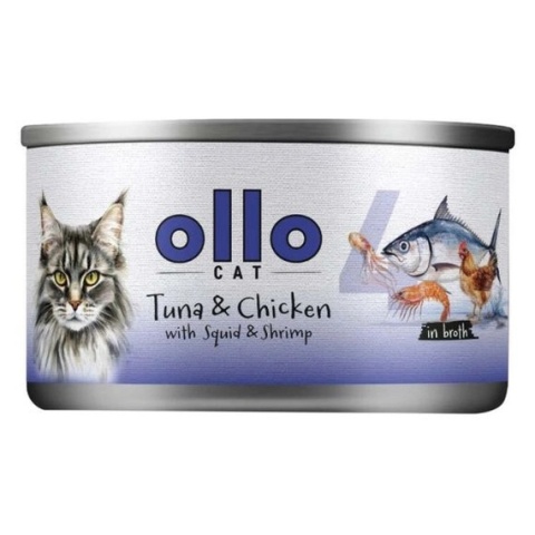 Ollo Cat Nr 4 – Mokra karma uzupełniająca dla kociąt i dorosłych kotów Tuńczyk Kurczak Kałamarnica Krewetki – puszka 70 g