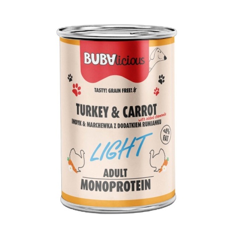 BUBAlicious LIGHT – Indyk & Marchewka z Rumiankiem 400 gMonobiałkowa, lekkostrawna mokra karma dla psa – linia LIGHT
