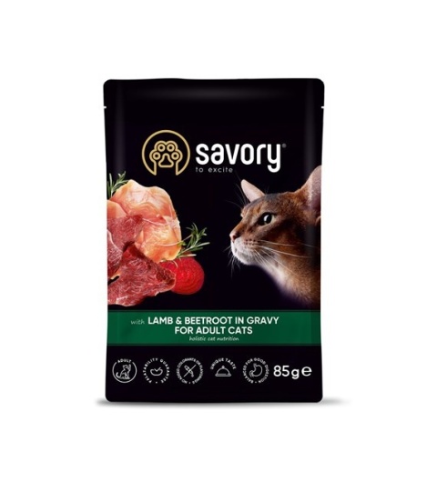 SAVORY Jagnięcina z burakami w sosie 85g – miękkie kąski dla dorosłych kotów