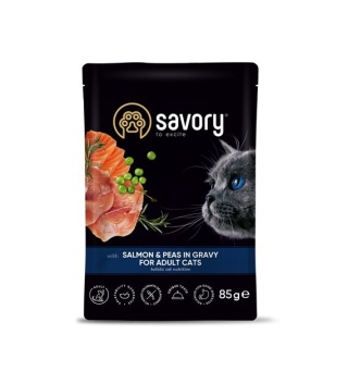 SAVORY Łosoś z groszkiem w sosie 85g – miękkie kąski dla dorosłych kotów
