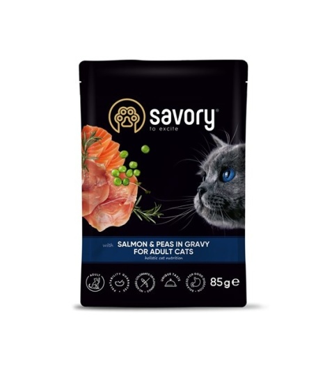 SAVORY Łosoś z groszkiem w sosie 85g – miękkie kąski dla dorosłych kotów