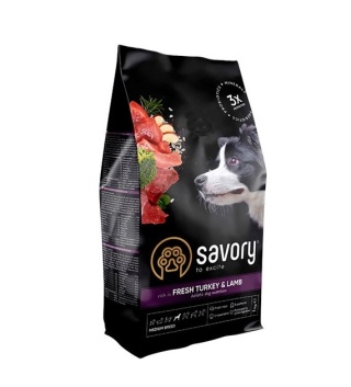 Savory – sucha karma z indykiem i jagnięciną dla psów dorosłych średnich ras | 1 kg