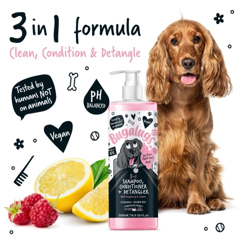 Bugalugs 3in1 Shampoo Conditioner & Detangler - szampon, odżywka i rozkołtuniacz dla psa, o zapachu maliny z cytryną