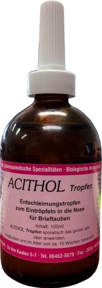 ACITHOL TROPFEN 100 ml – krople do nosa dla gołębi pocztowych -Preparat wspierający oczyszczanie nosa i górnych dróg oddechowych