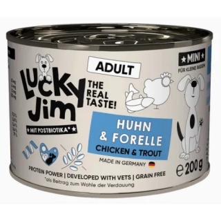 Lucky Jim Classic Mini Adult – mokra karma pełnoporcjowa dla małych psów z kurczakiem i pstrągiem 200g