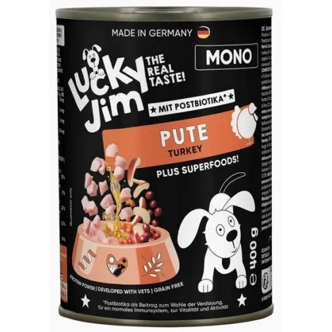 Lucky Jim Mono – mokra karma pełnoporcjowa dla psów z indykiem i superfoods 400g