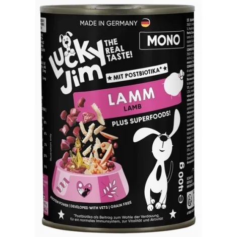 Lucky Jim Mono – mokra karma pełnoporcjowa dla psów z jagnięciną i superfoods 400g