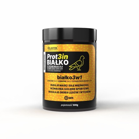 Volantor Prot3in 500g – BIAŁKO DLA GOŁĘBI 3w1 Specjalistyczna mieszanka białka zwierzęcego i roślinnego wzbogacona o aminokwasy