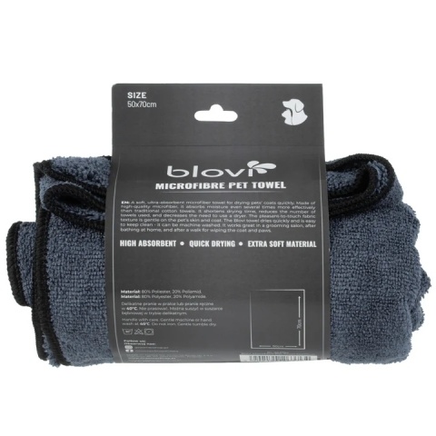 Blovi Microfibre Pet Towel 60x100 cm – superchłonny ręcznik z mikrofibry dla psa i kota, szary