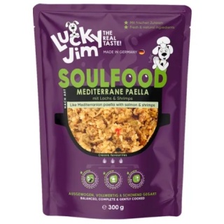 Lucky Jim SoulFood Paella z Kurczakiem, Łososiem i Krewetkami 300 g – pełnoporcjowa karma mokra dla psa