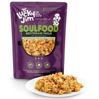 Lucky Jim SoulFood Paella z Kurczakiem, Łososiem i Krewetkami 300 g – pełnoporcjowa karma mokra dla psa