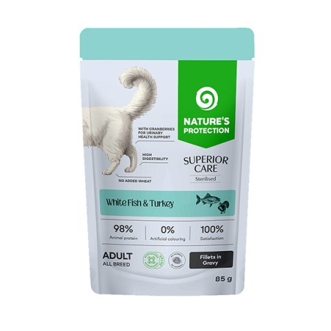 Nature’s Protection Superior Care Sterilised White Fish & Turkey – fileciki z białej ryby i indyka w sosie dla kota, 85 g