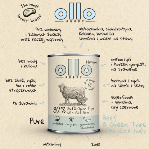 OLLO Puppy Umami Wołowina i Zielone żwacze z kaczą wątrobą - mokra karma dla psa - 850 g