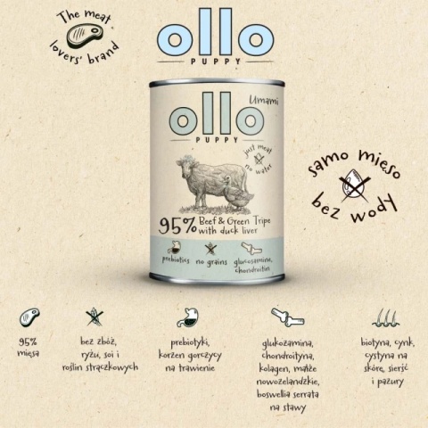 OLLO Puppy Umami Wołowina i Zielone żwacze z kaczą wątrobą - mokra karma dla psa - 850 g