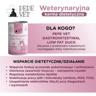 Paka Zwierzaka Karma mokra PEPE VET Gastrointestinal Low Fat kaczka 400g