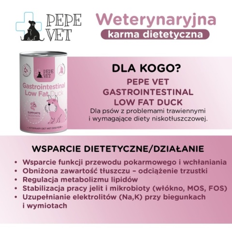 Paka Zwierzaka Karma mokra PEPE VET Gastrointestinal Low Fat kaczka 400g
