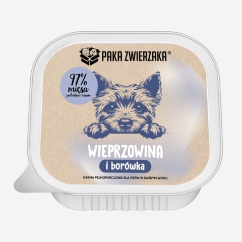 Paka Zwierzaka Wieprzowina z borówką – mokra karma dla psa, tacka 150 g