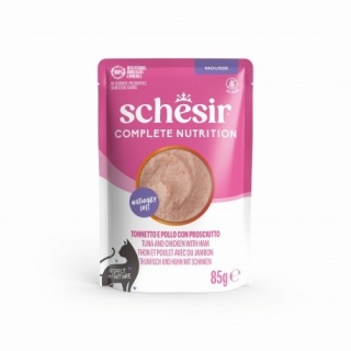 Schesir Complete Nutrition Tuńczyk, Kurczak i Szynka – pełnoporcjowa karma mokra dla kota, mus, 85 g