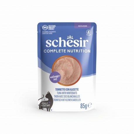 Schesir Complete Nutrition Tuńczyk i Narybek – pełnoporcjowa karma mokra dla kota, mus, 85 g