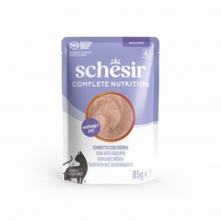 Schesir Complete Nutrition Tuńczyk i Strzępiel – pełnoporcjowa karma mokra dla kota, mus, 85 g