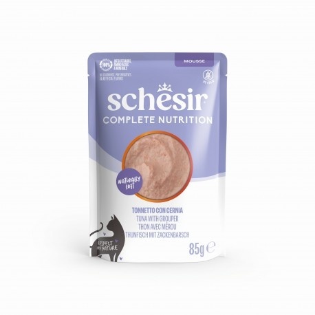 Schesir Complete Nutrition Tuńczyk i Strzępiel – pełnoporcjowa karma mokra dla kota, mus, 85 g