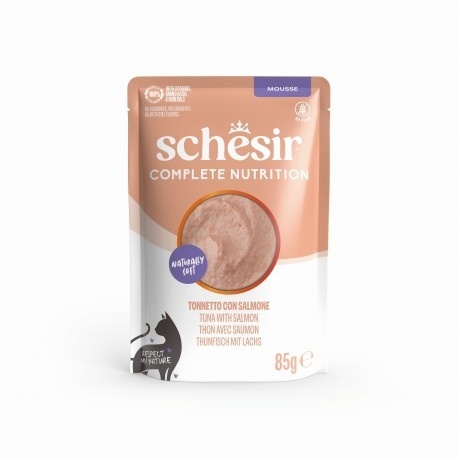 Schesir Complete Nutrition Tuńczyk i Łosoś – pełnoporcjowa karma mokra dla kota, mus, 85 g