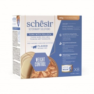 Schesir Veterinary Solutions Weight Control Tuńczyk z Mintajem w Bulionie 8x80 g – dietetyczna karma mokra dla kota