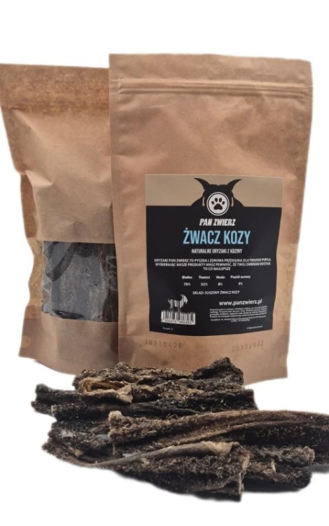Pan Zwierz Suszone Żwacze Kozy 250 g – naturalny gryzak dla psa, 100% koziny