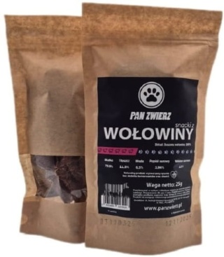 Pan Zwierz Smaczki z Wołowiny 25 g – naturalne suszone przysmaki dla psa i kota, 100% mięsa