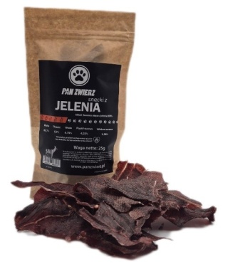 Pan Zwierz Smaczki z Jelenia 25 g – naturalne suszone przysmaki dla psa i kota, 100% mięsa