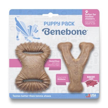 Zestaw 2 gryzaków dla SZCZENIAKA Benebone Dental Chew/Wishbone XS Bekon