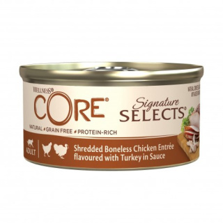 Core Signature Selects Signature Selects Shredded Chicken, karma mokra, dla dorosłych kotów, kurczak z indykiem w sosie, 79g