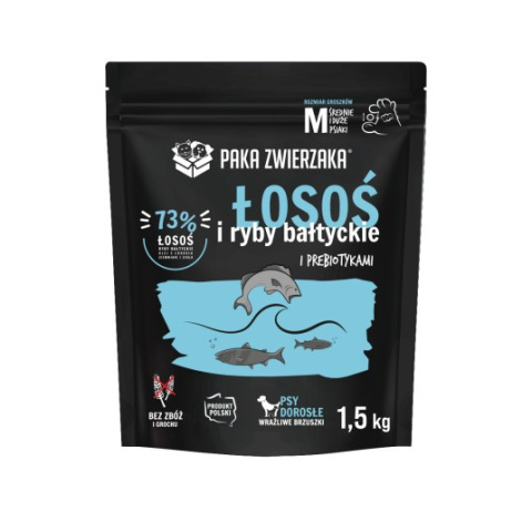 Paka Zwierzaka Karma sucha Łosoś z rybami bałtyckimi "M" 1,5kg Paka Zwierzaka Karma sucha Łosoś z rybami bałtyckimi "M" 1,5kg
