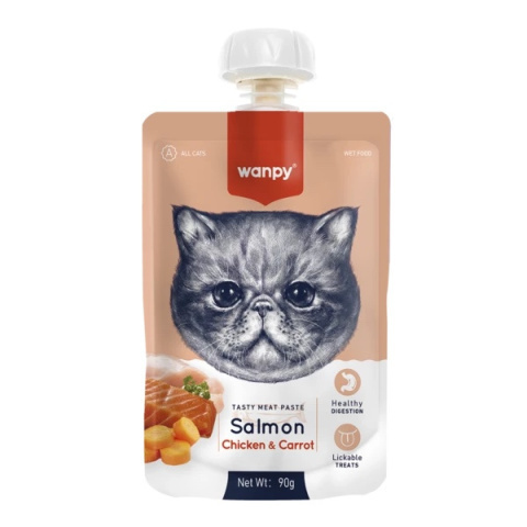 Wanpy pasta mięsna o smaku łososia, kurczaka i marchewki dla kotów 90g Wanpy pasta mięsna o smaku łososia, kurczaka i marchewki dla kotów 90g