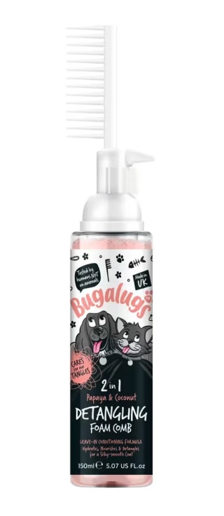 Bugalugs 2in1 Detangling Foam Comb Papaya & Coconut 150ml - pianka ułatwiająca rozczesywanie sierści psa i kota, papaja i kokos