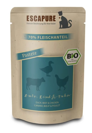 Escapure BIO Pastete Ente, Rind und Huhn 100g - bezzbożowa mokra karma BIO dla kota, pasztet z kaczki, wołowiny i kurczaka