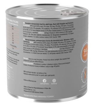 Lovi Food Beef with Pumpkin - monobiałkowa mokra karma dla psa, z wołowiną, dynią i kurkumą 800g