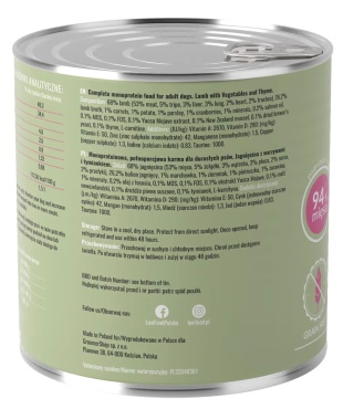 Lovi Food Lamb with Vegetables - monobiałkowa mokra karma dla psa, z jagnięciną, warzywami i tymiankiem - 800g