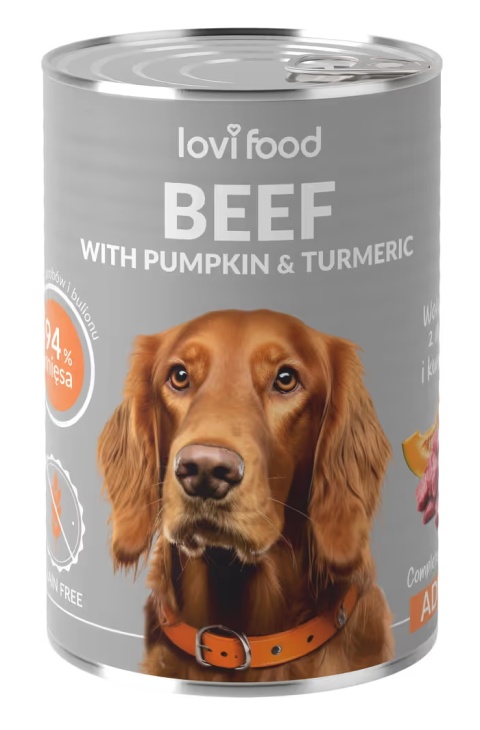 Lovi Food Beef with Pumpkin 400g - monobiałkowa mokra karma dla psa, z wołowiną, dynią i kurkumą Lovi Food Beef with Pumpkin 400g - monobiałkowa mokra karma dla psa, z wołowiną, dynią i kurkumą