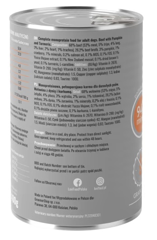 Lovi Food Beef with Pumpkin 400g - monobiałkowa mokra karma dla psa, z wołowiną, dynią i kurkumą