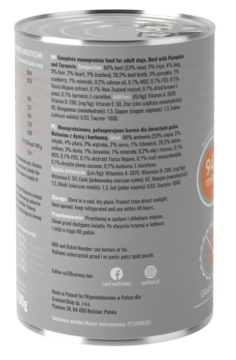 Lovi Food Beef with Pumpkin 400g - monobiałkowa mokra karma dla psa, z wołowiną, dynią i kurkumą Lovi Food Beef with Pumpkin 400g - monobiałkowa mokra karma dla psa, z wołowiną, dynią i kurkumą