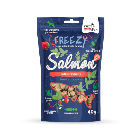 Syta Micha - Liofilizowane przysmaki dla psa Łosoś z truskawką FREEZY 40g Syta Micha - Liofilizowane przysmaki dla psa Łosoś z truskawką FREEZY 40g