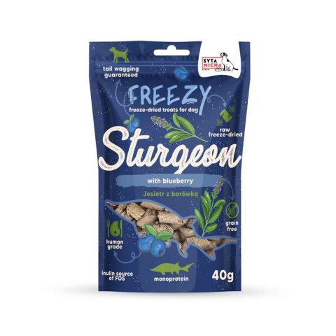 Syta Micha - Liofilizowane przysmaki dla psa Jesiotr z borówką FREEZY 40g Syta Micha - Liofilizowane przysmaki dla psa Jesiotr z borówką FREEZY 40g