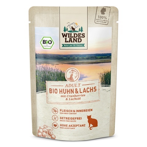 WILDES LAND CAT BIO Huhn Lachs - bio kurczak z łososiem i żurawiną (85g) WILDES LAND CAT BIO Huhn Lachs - bio kurczak z łososiem i żurawiną (85g)