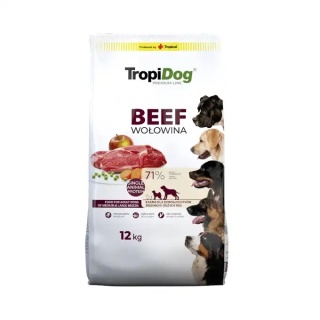TropiDog Premium Adult Medium & Large Breeds Bogata w Wołowinę – karma sucha dla dorosłych psów średnich i dużych ras 12 kg