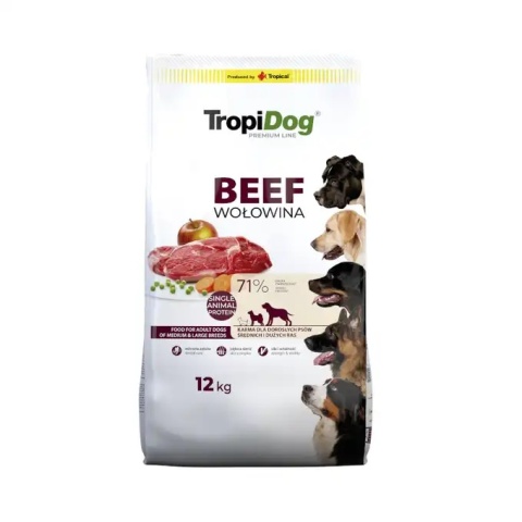 TropiDog Premium Adult Medium & Large Breeds Bogata w Wołowinę – karma sucha dla dorosłych psów średnich i dużych ras 12 kg