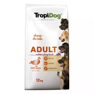 TropiDog Premium Adult Medium & Large Breeds Kaczka z Ryżem – karma sucha dla dorosłych psów średnich i dużych ras 12 kg